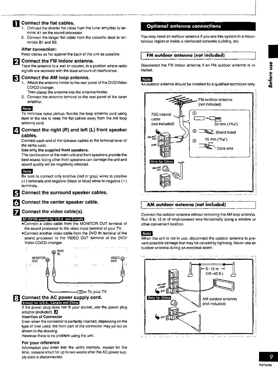 Connect the flat cables, Connect the fm indoor antenna, Connect the am loop antenna | Connect the surround speaker cables, Connect the center speaker cable, Connect the video cable(s), Connect the ac power supply cord, Optional antenna connections | Panasonic SC-DV100 User Manual | Page 9 / 68