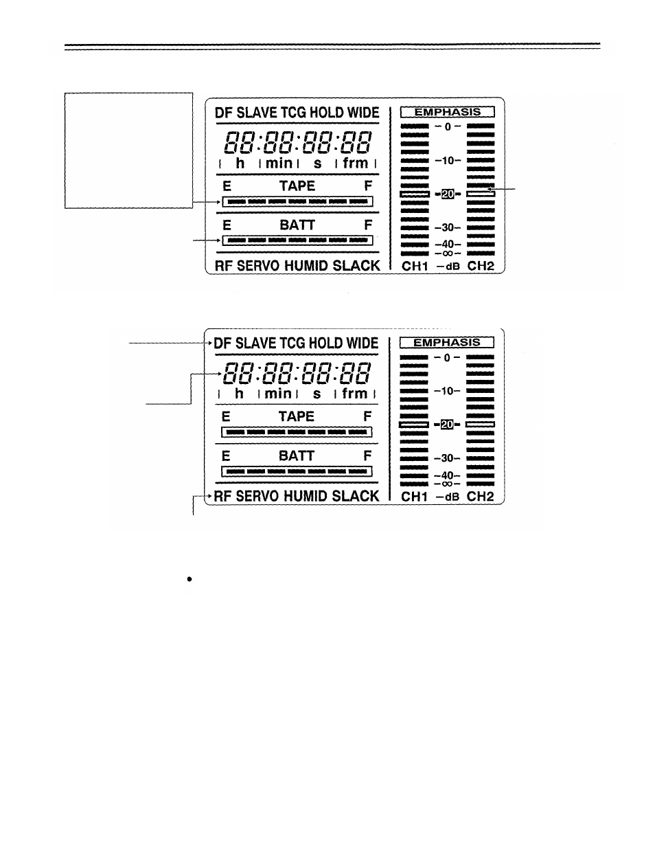 Displays, Remaining battery level and audio level displays, Vtr section operation/status-related displays | Panasonic AJ-D700P User Manual | Page 60 / 136