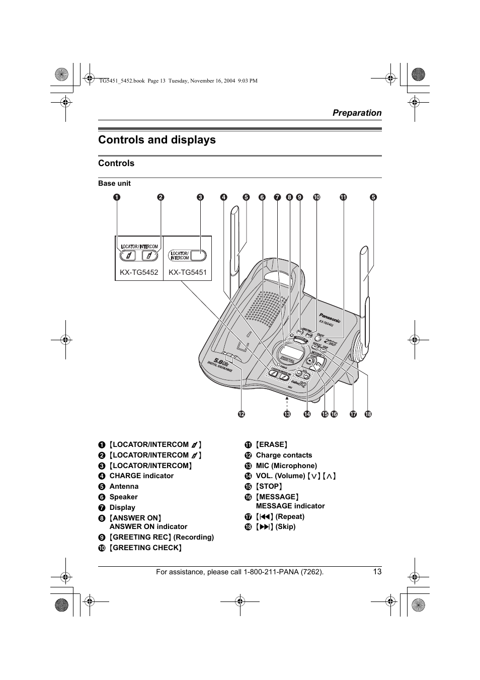 Controls and displays | Panasonic KX-TG5451 User Manual | Page 13 / 76