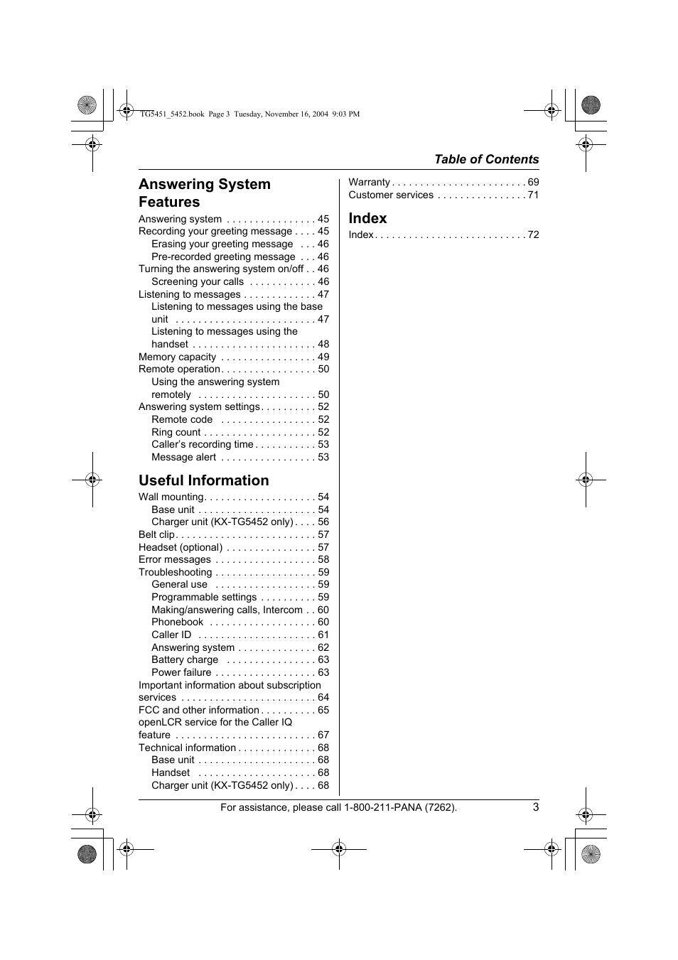 Answering system features, Useful information, Index | Panasonic KX-TG5451 User Manual | Page 3 / 76