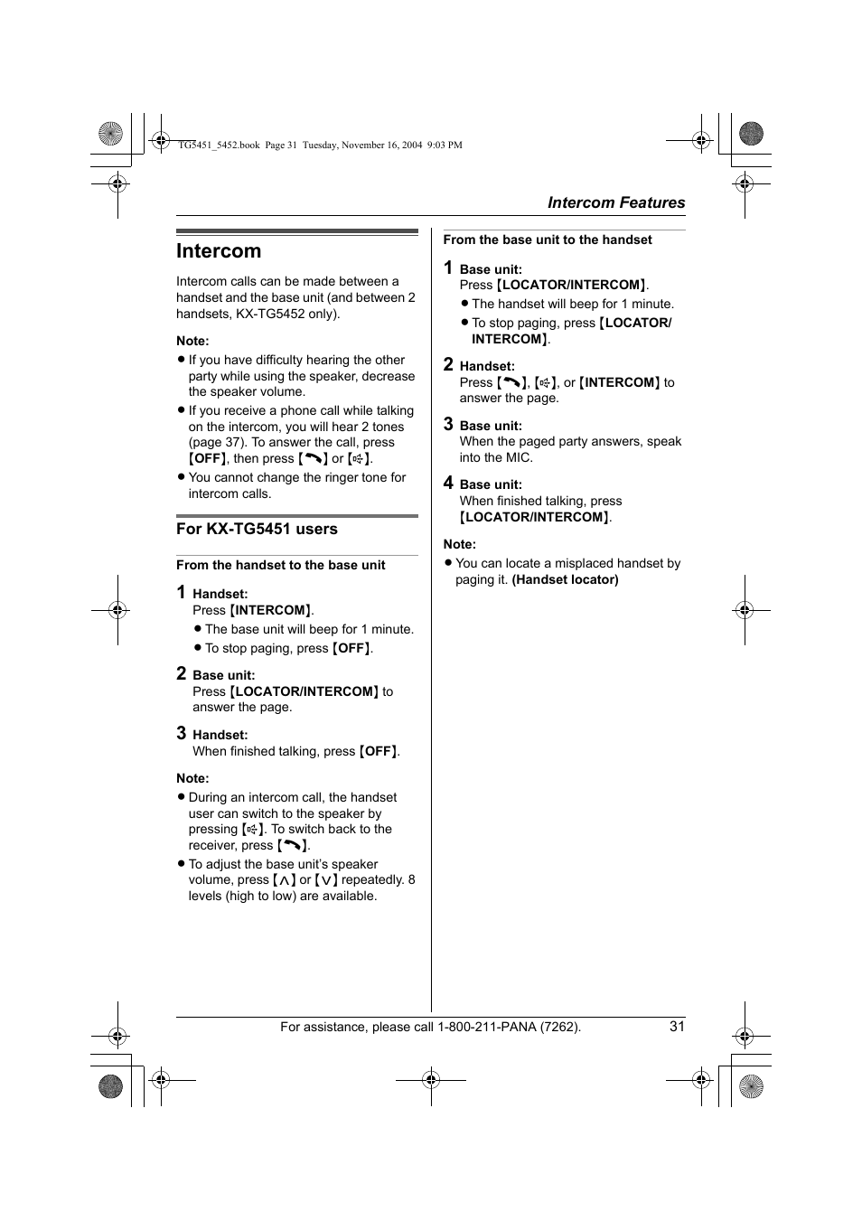 Intercom features, Intercom | Panasonic KX-TG5451 User Manual | Page 31 / 76