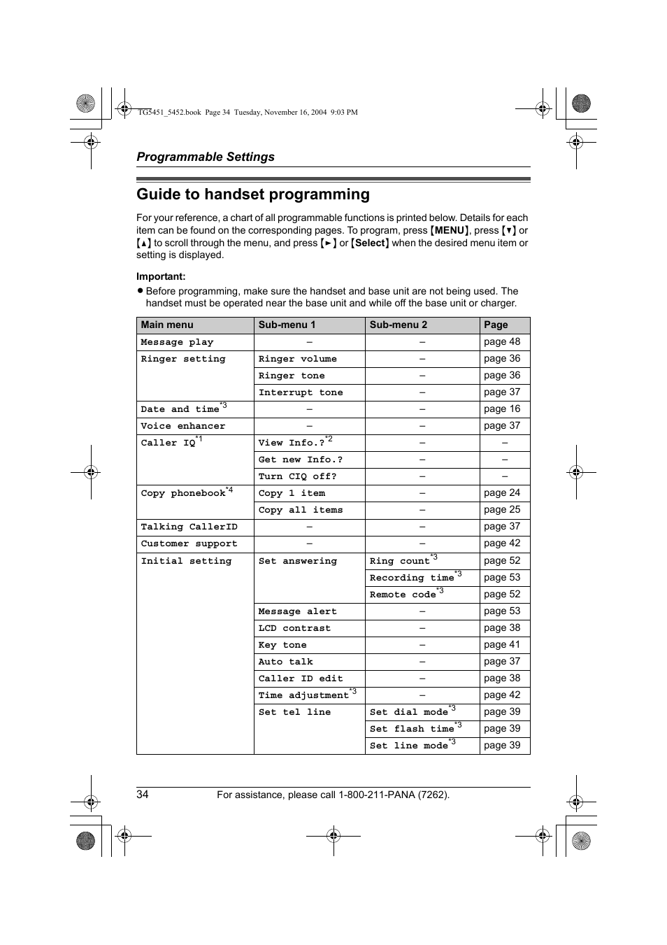 Programmable settings, Guide to handset programming | Panasonic KX-TG5451 User Manual | Page 34 / 76