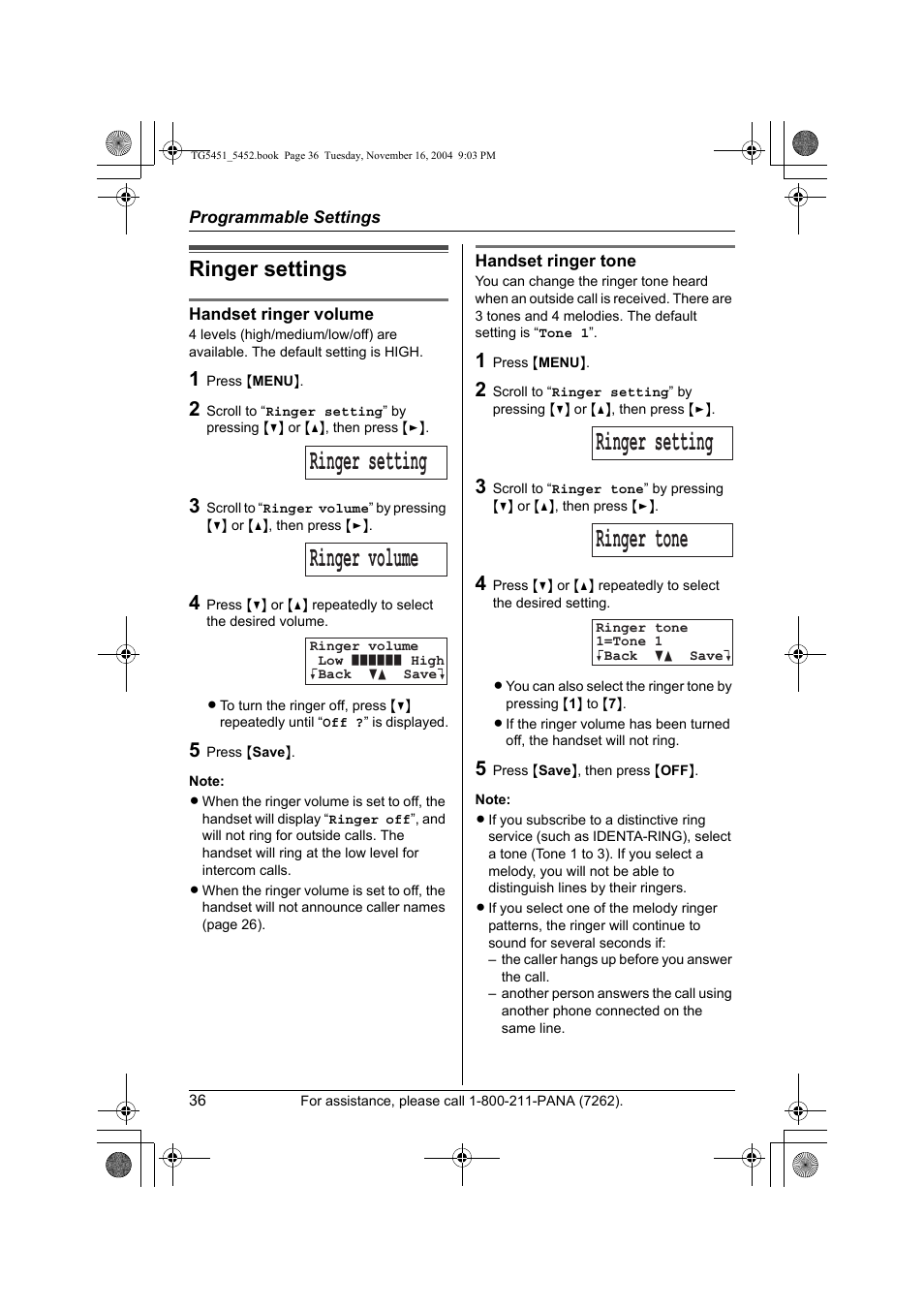 Ringer settings, Ringer setting ringer volume, Ringer setting ringer tone | Panasonic KX-TG5451 User Manual | Page 36 / 76