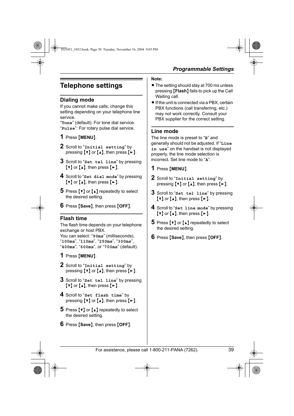 Telephone settings | Panasonic KX-TG5451 User Manual | Page 39 / 76