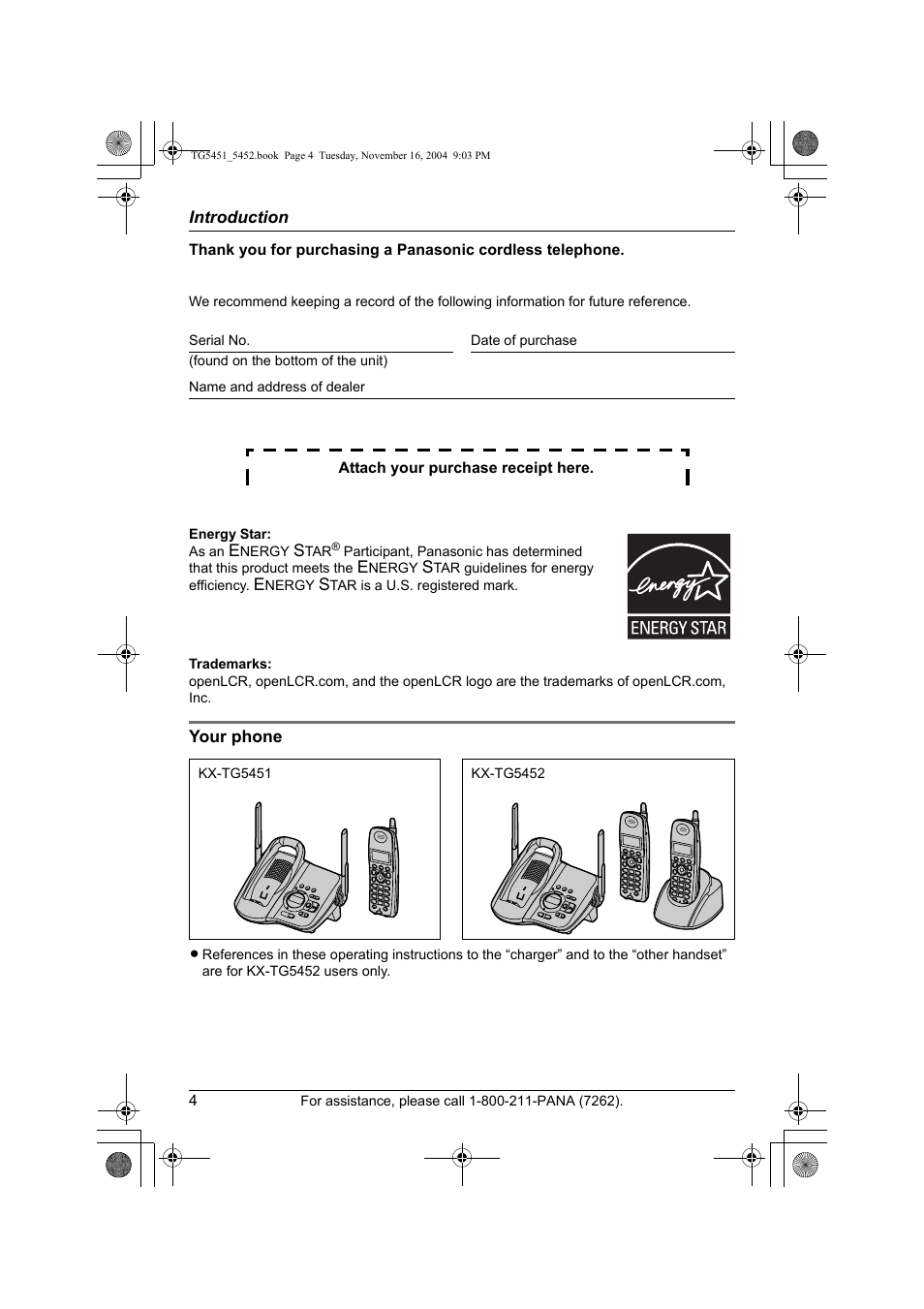 Introduction, Your phone | Panasonic KX-TG5451 User Manual | Page 4 / 76
