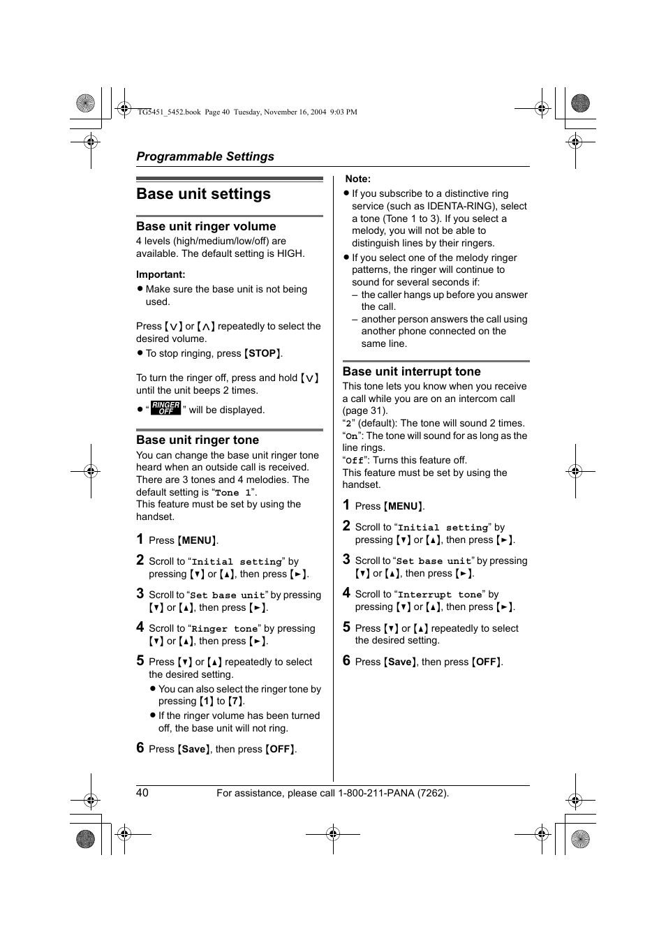 Base unit settings | Panasonic KX-TG5451 User Manual | Page 40 / 76