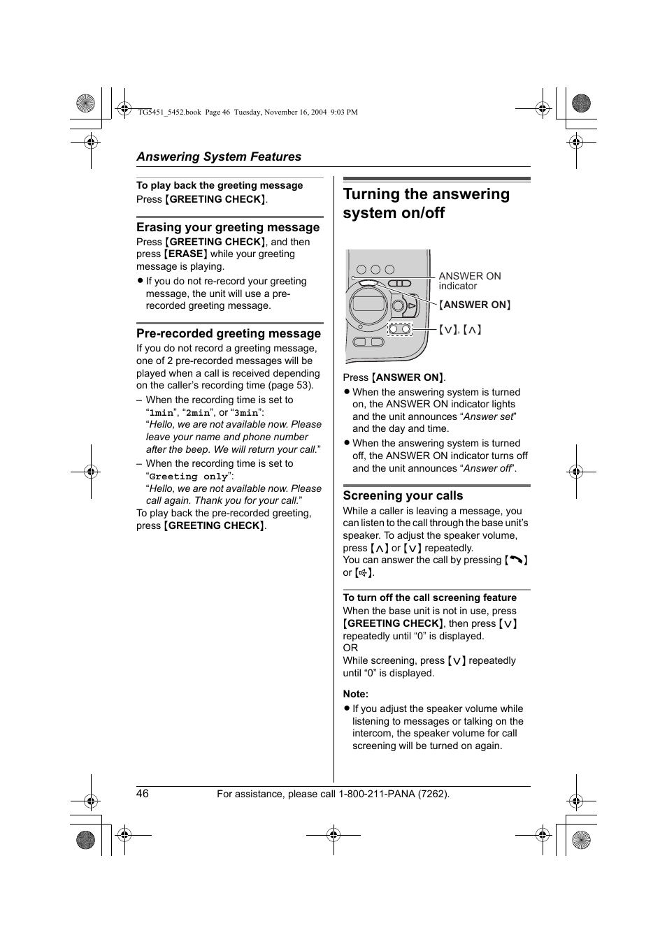 Turning the answering system on / off, Turning the answering system on/off | Panasonic KX-TG5451 User Manual | Page 46 / 76
