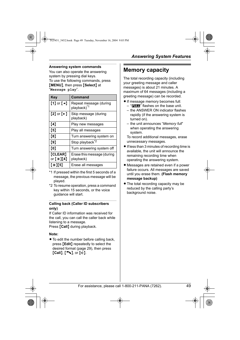 Memory capacity | Panasonic KX-TG5451 User Manual | Page 49 / 76