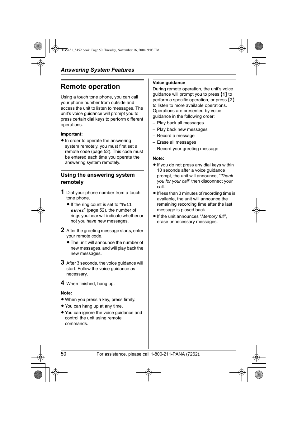 Remote operation | Panasonic KX-TG5451 User Manual | Page 50 / 76