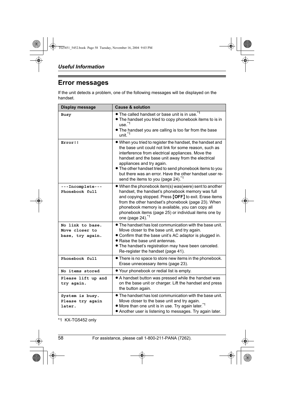 Error messages | Panasonic KX-TG5451 User Manual | Page 58 / 76