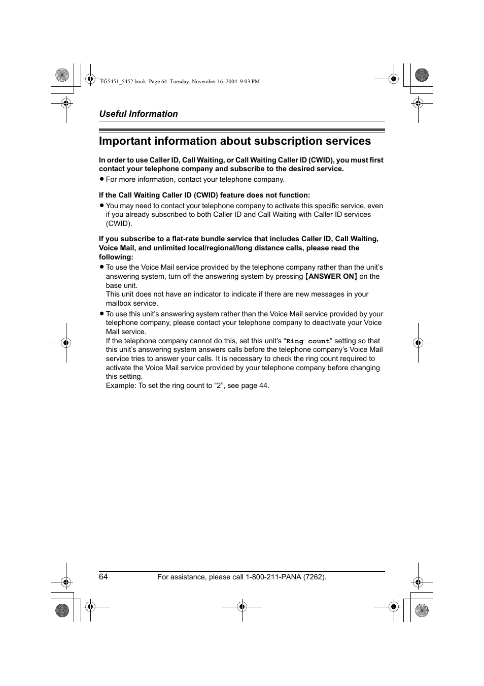 Important information about subscription services | Panasonic KX-TG5451 User Manual | Page 64 / 76