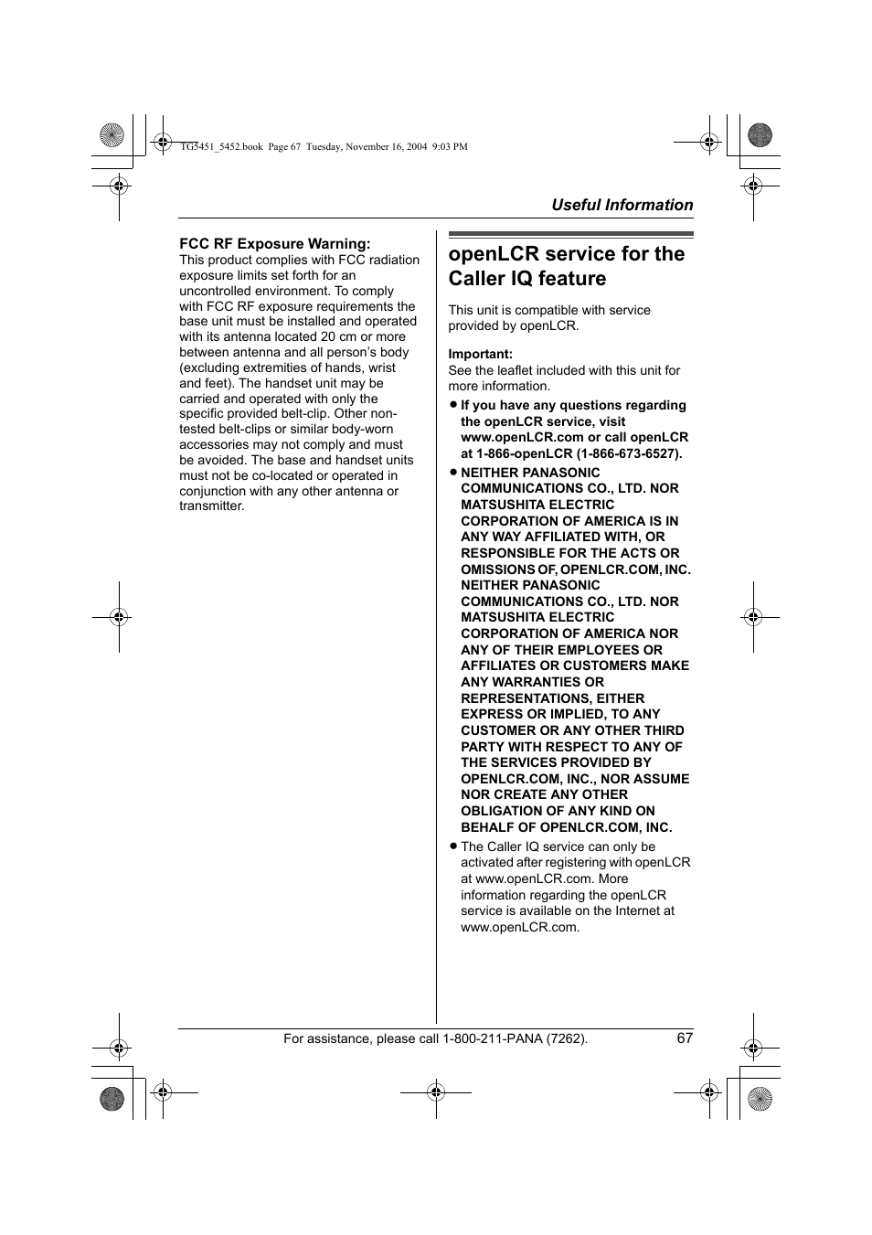 Openlcr service for the caller iq feature | Panasonic KX-TG5451 User Manual | Page 67 / 76