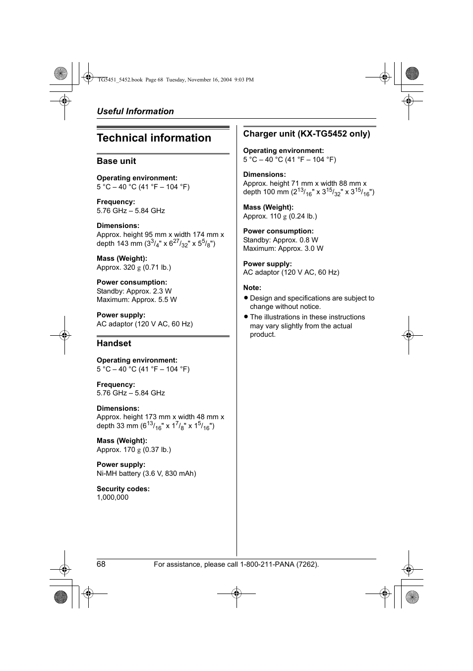 Technical information, Useful information, Base unit | Handset, Charger unit (kx-tg5452 only) | Panasonic KX-TG5451 User Manual | Page 68 / 76