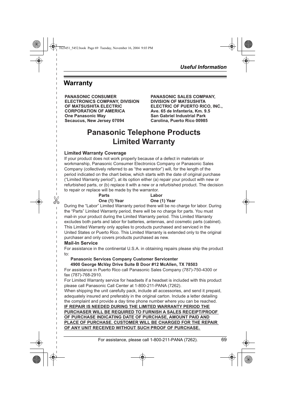 Warranty, Panasonic telephone products limited warranty | Panasonic KX-TG5451 User Manual | Page 69 / 76