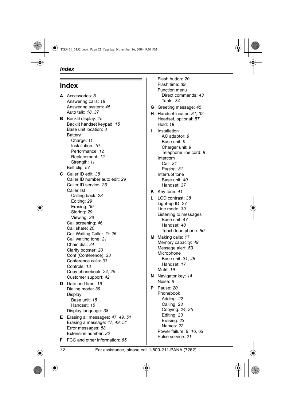 Index | Panasonic KX-TG5451 User Manual | Page 72 / 76