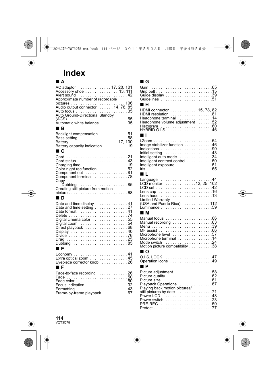 Index | Panasonic AG-AC7P User Manual | Page 114 / 116