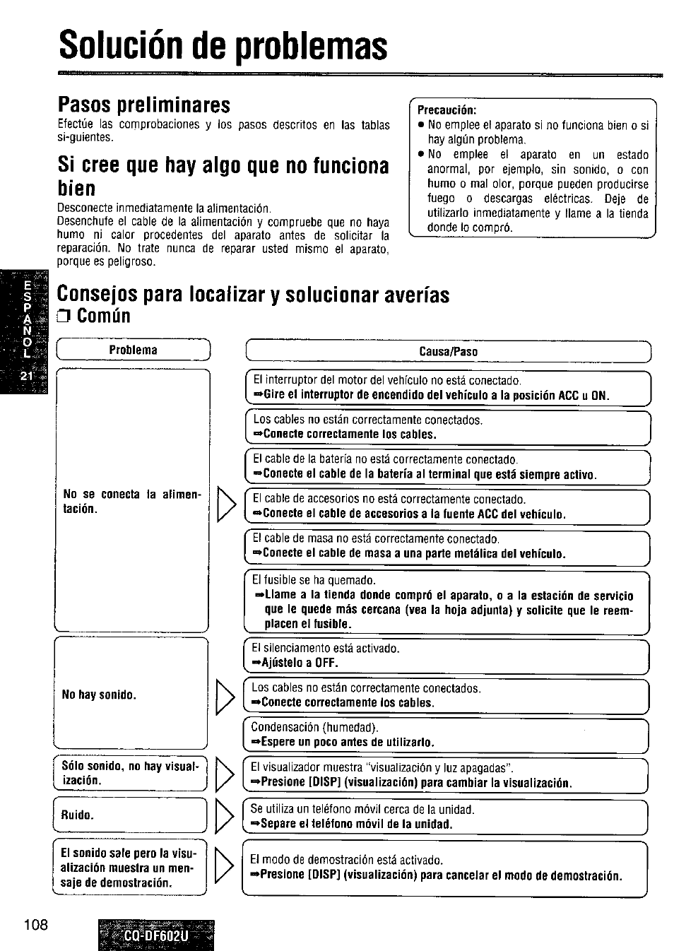 Solución de problemas, Pasos preliminares, Si cree que hay algo que no funciona bien | O solución de problemas, T> [ >0 | Panasonic CQ-DF602U User Manual | Page 108 / 124