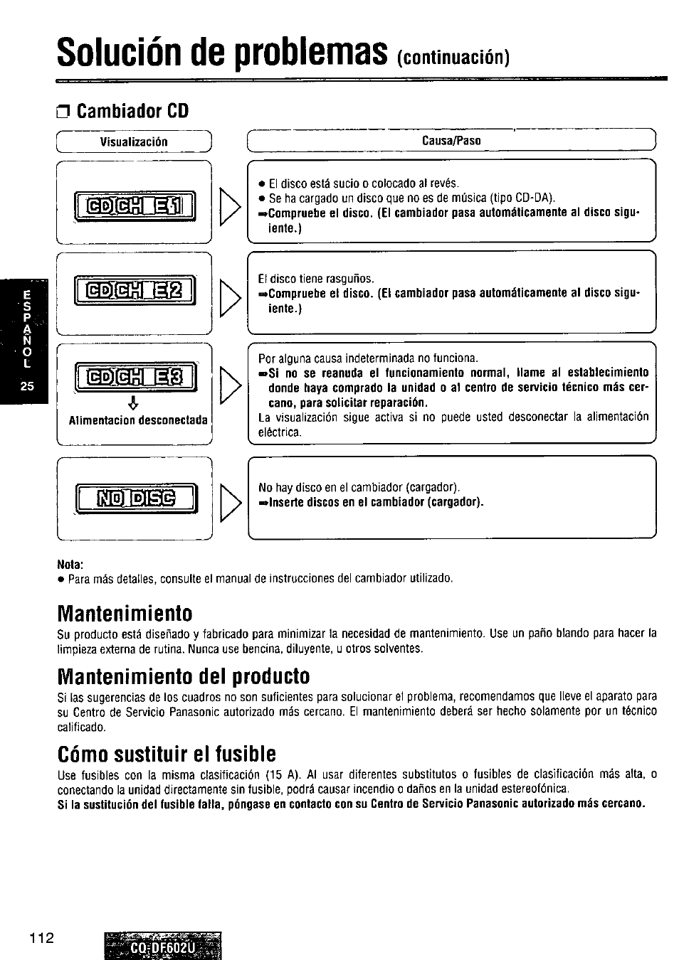 Cambiador cd, Mantenimiento, Mantenimiento del producto | Cómo sustituir el fusible, Solución de problemas | Panasonic CQ-DF602U User Manual | Page 112 / 124