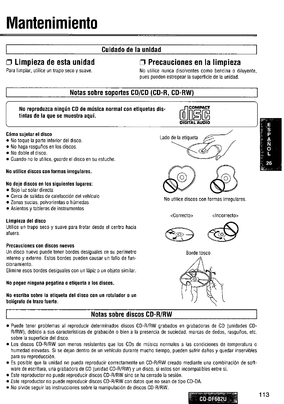 Mantenimiento, Cuidado de la unidad, Precauciones en ia iimpieza | Notas sobre soportes cd/cd (cd-r, cd-rw), Notas sobre discos cd-r/rw, Limpieza de esta unidad | Panasonic CQ-DF602U User Manual | Page 113 / 124