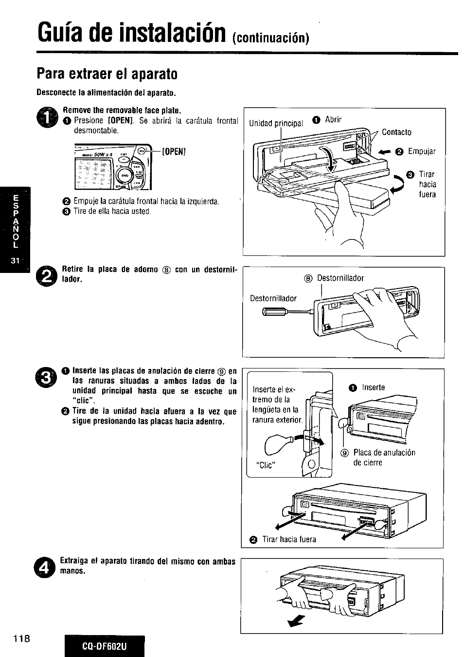 Para extraer el aparato, Guía de instalación | Panasonic CQ-DF602U User Manual | Page 118 / 124
