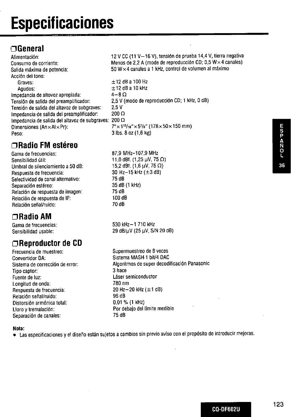 Especificaciones, General, Radio fm estéreo | Radio am, Reproductor de cd | Panasonic CQ-DF602U User Manual | Page 123 / 124