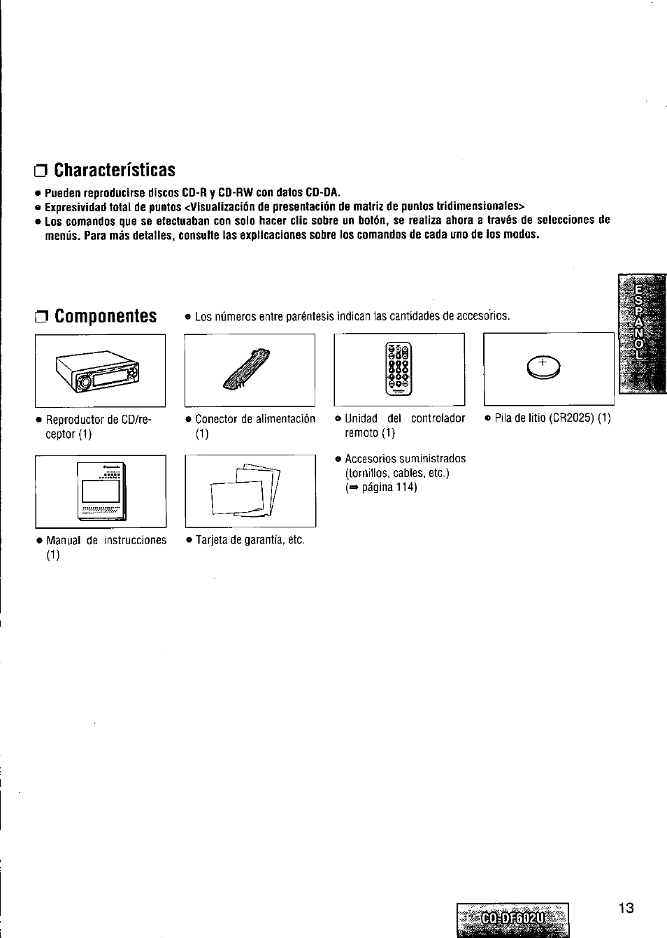 Characterísticas, Componentes, Components | Panasonic CQ-DF602U User Manual | Page 13 / 124