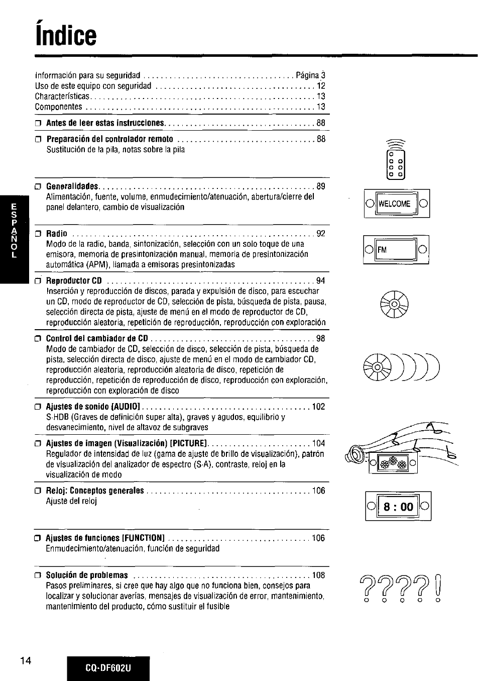Indice, O 8 ; 00 o | Panasonic CQ-DF602U User Manual | Page 14 / 124