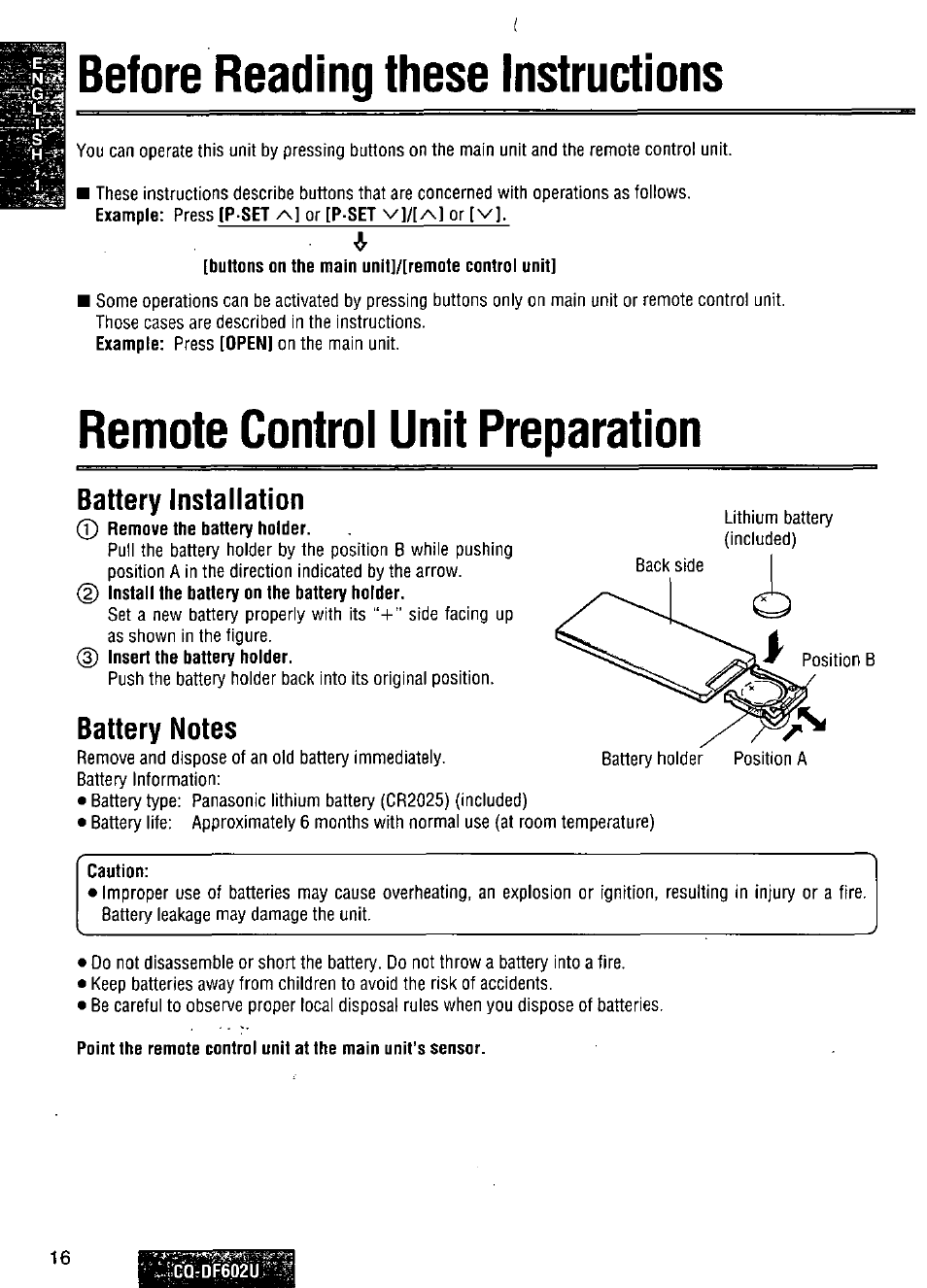 Before reading these instructions, Remote control unit preparation, Battery installation | Battery notes, Before reading, These instructions, Remote control, Unit preparation | Panasonic CQ-DF602U User Manual | Page 16 / 124