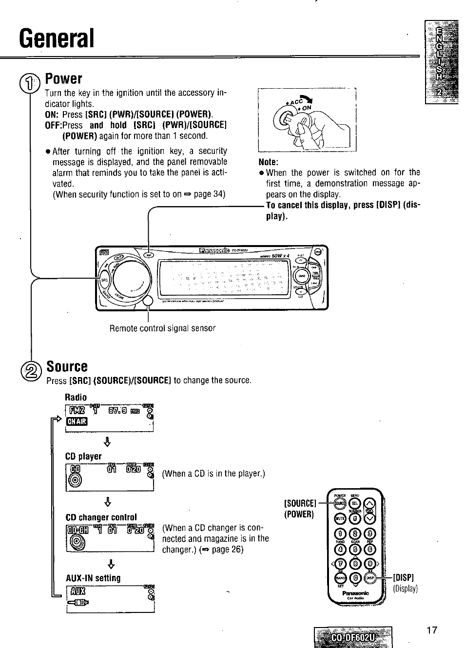 General, Power, П general | Source | Panasonic CQ-DF602U User Manual | Page 17 / 124