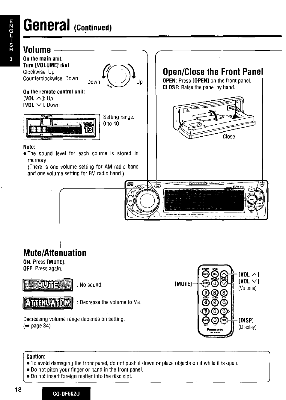 General, Volume, Mute/attenuation | Open/close the front panel, Continued) volume | Panasonic CQ-DF602U User Manual | Page 18 / 124