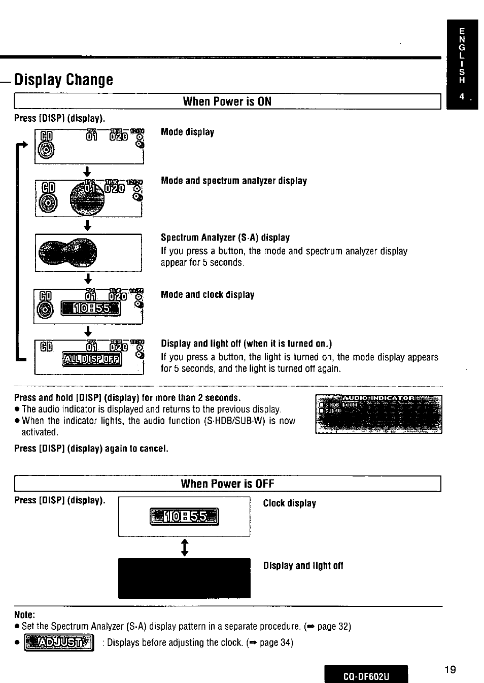 Display change, When power is on, Yi-ld]j[spj|g5f | When power is off | Panasonic CQ-DF602U User Manual | Page 19 / 124