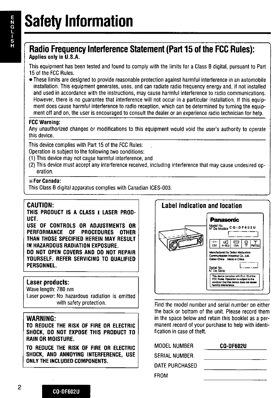 Safety information, Caution, Laser products | Warning, Label indication and location, Panasonic | Panasonic CQ-DF602U User Manual | Page 2 / 124