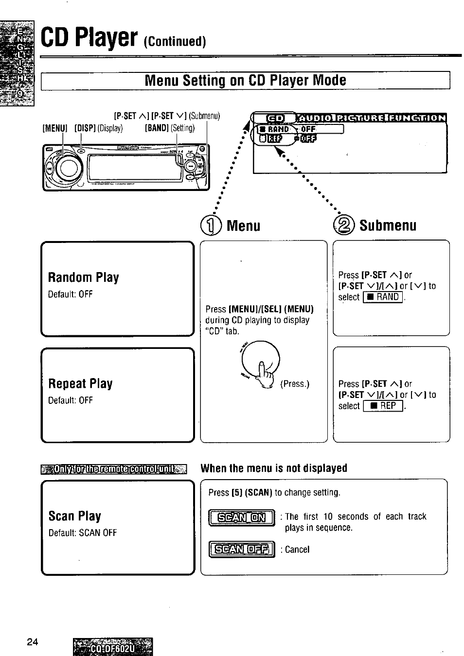 Cd pisysr (continued), Menu setting on cd player mode, When ihe menu is not displayed | Cd pisysr | Panasonic CQ-DF602U User Manual | Page 24 / 124