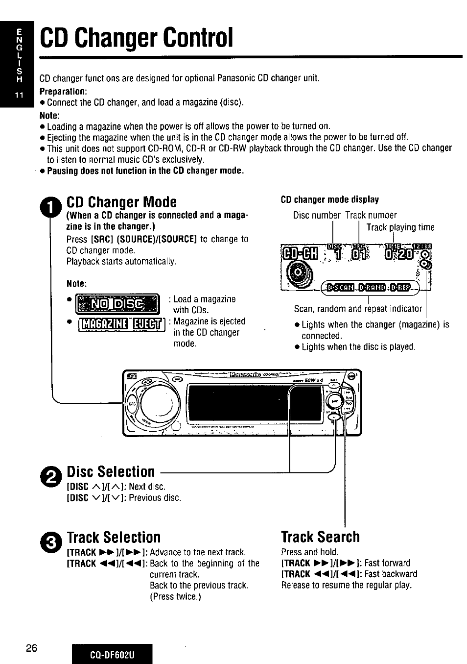 Cd changer control, Cd changer mode, Disc selection | Track selection, Track search | Panasonic CQ-DF602U User Manual | Page 26 / 124