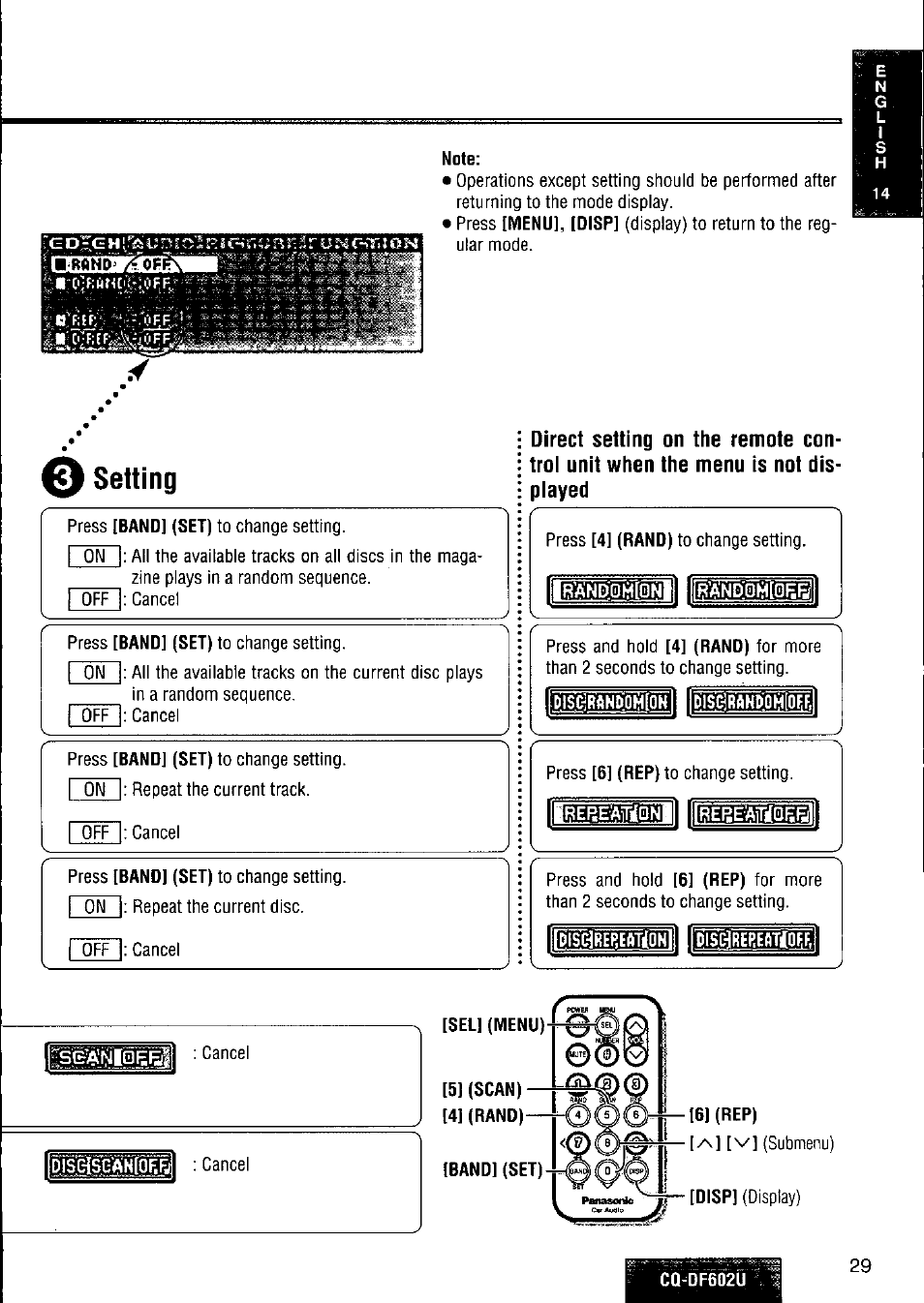 Setting | Panasonic CQ-DF602U User Manual | Page 29 / 124