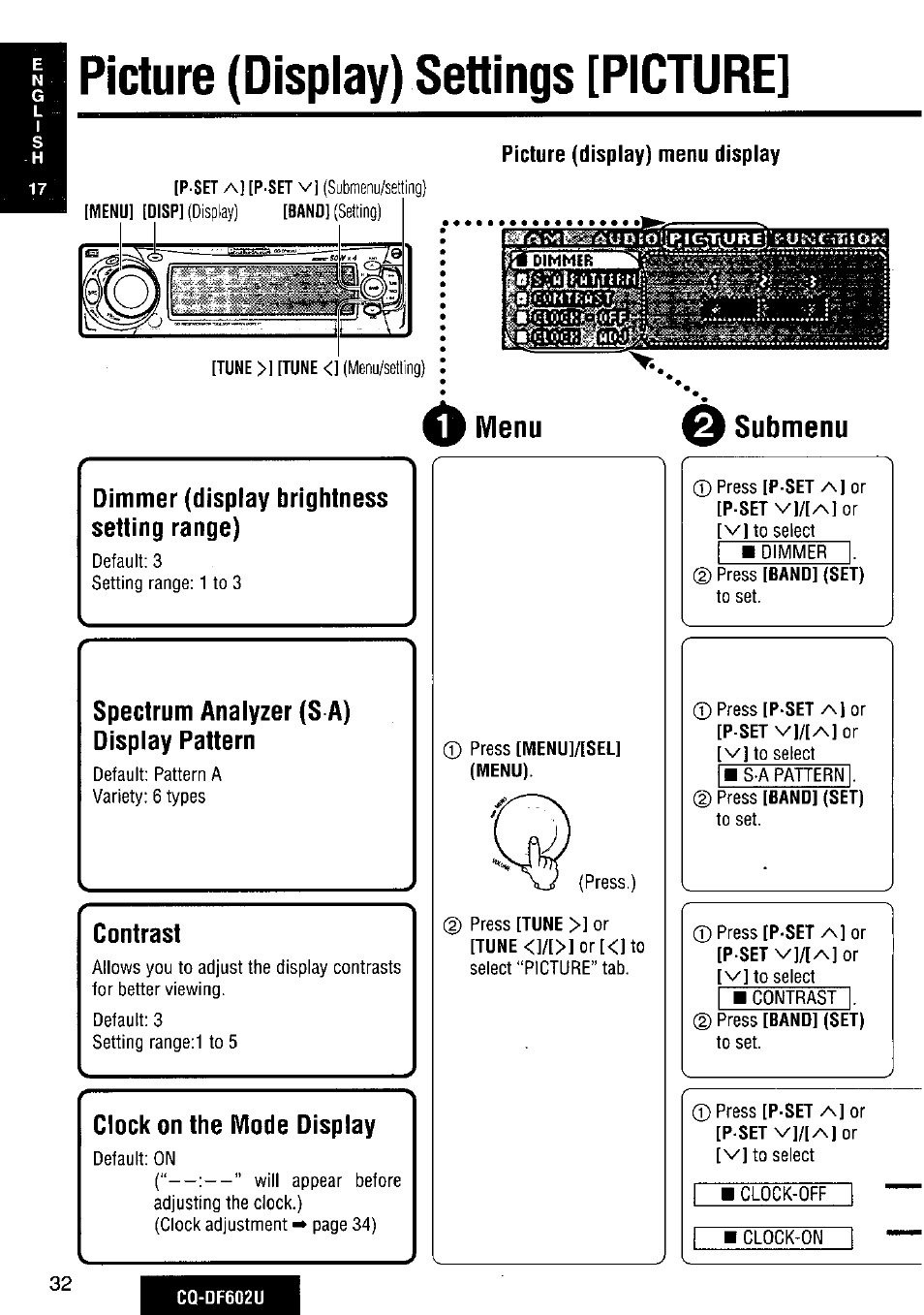 Picture (display) settings [picture, Picture (display) menu display, Menu | Dimmer (display brightness setting range), Spectrum analyzer (s a) display pattern, Contrast, Clock on the mode display, Q submenu, Menu dimmer (display brightness setting range), Submenu | Panasonic CQ-DF602U User Manual | Page 32 / 124