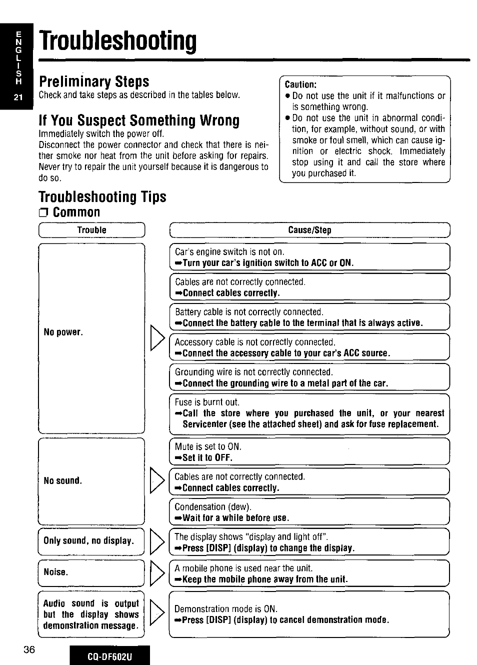 Preliminary steps, If you suspect something wrong, Troubleshooting tips | Common, О troubleshooting, Troubleshooting | Panasonic CQ-DF602U User Manual | Page 36 / 124
