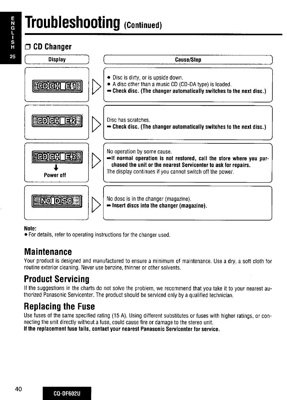 Cd changer, Maintenance, Product servicing | Repiacing the fuse, Troubleshooting, Continued) □ cd changer, Fciamaigi | Panasonic CQ-DF602U User Manual | Page 40 / 124