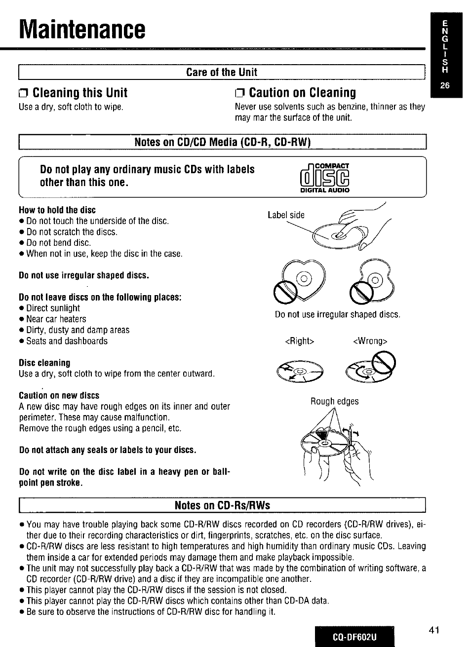 Maintenance, Care of the unit, Caution on cleaning | Notes on cd/cd media (co-b, cd-bw), Notes on cd-bs/bws, Cleaning this unit | Panasonic CQ-DF602U User Manual | Page 41 / 124