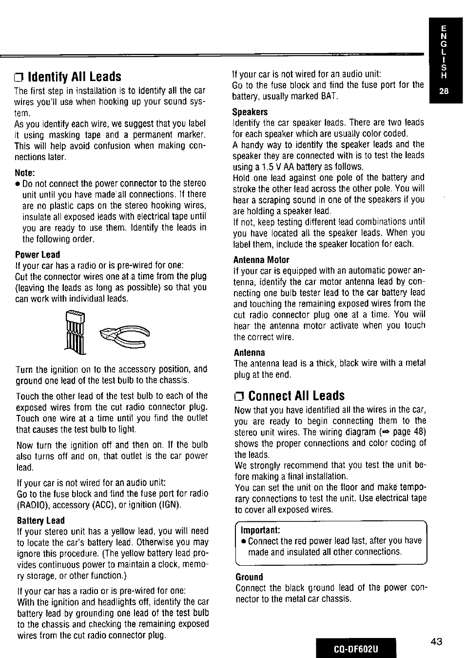 Identify all leads, П connect all leads | Panasonic CQ-DF602U User Manual | Page 43 / 124