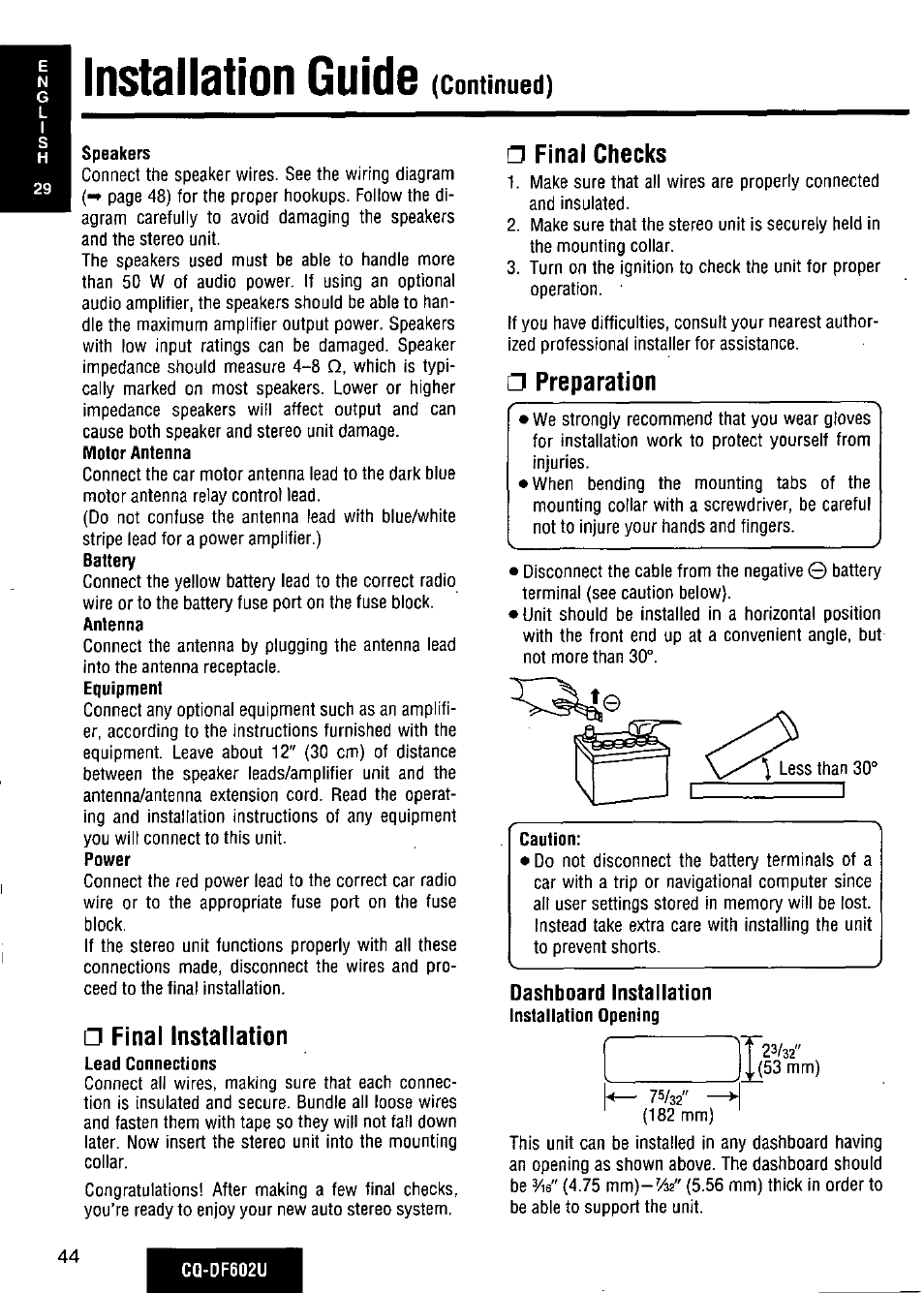Final installation, Final checks, Preparation | Dashboard installation, Installation guide, Continued) | Panasonic CQ-DF602U User Manual | Page 44 / 124
