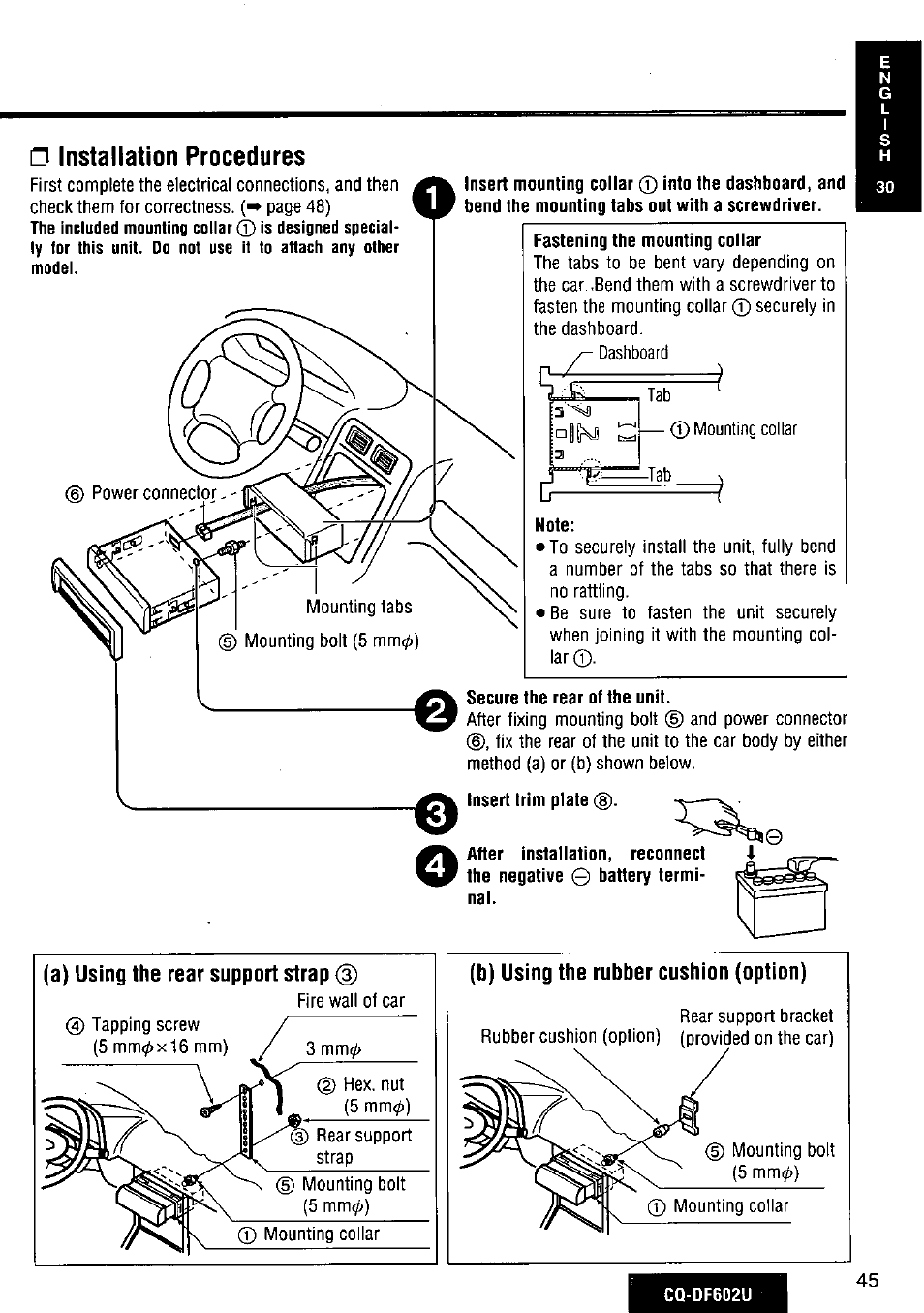 Installation procedures, A) using the rear support strap (з), B) using the rubber cushion (option) | Panasonic CQ-DF602U User Manual | Page 45 / 124