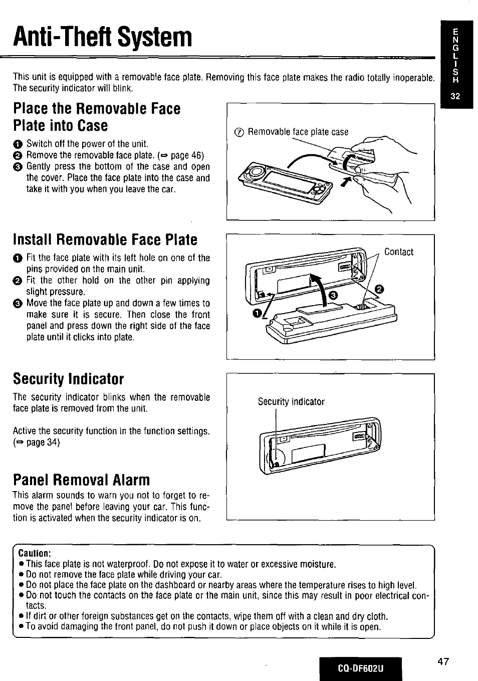 Anti-theft system, Place the removable face plate into case, Install removable face plate | Panel removal alarm | Panasonic CQ-DF602U User Manual | Page 47 / 124