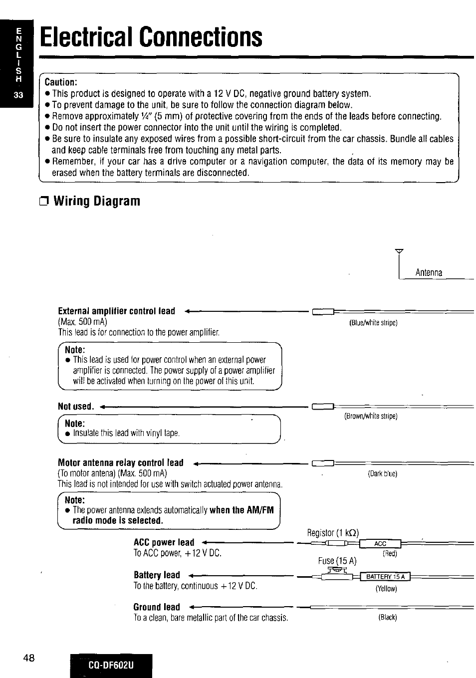 Electrical connections, Wiring diagram, O electrical connections | Panasonic CQ-DF602U User Manual | Page 48 / 124