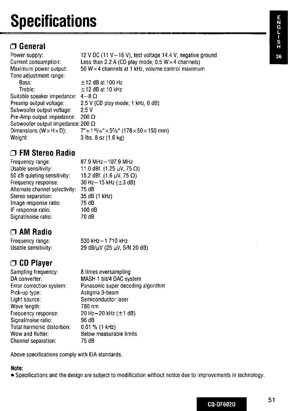 Specifications, General, Fm stereo radio | Am radio, Radio | Panasonic CQ-DF602U User Manual | Page 51 / 124