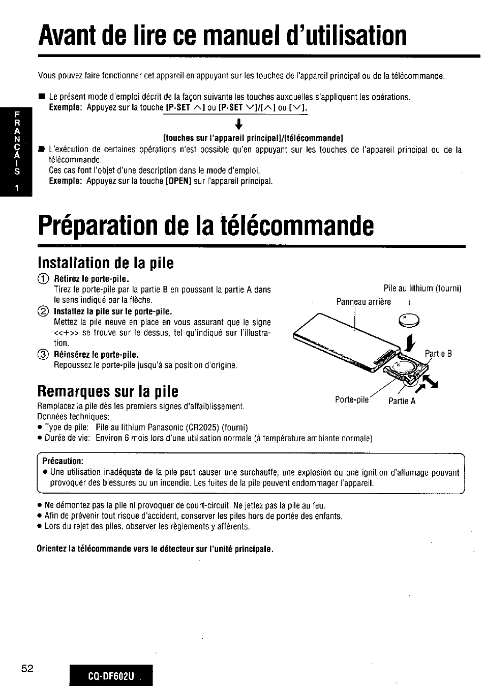 Avant de lire ce manuel d’utilisation, Préparation de la télécommande, Installation de la pile | Remarques sur la pile, G avant de lire ce manuel d’utilisation, Préparation de, La télécommande | Panasonic CQ-DF602U User Manual | Page 52 / 124