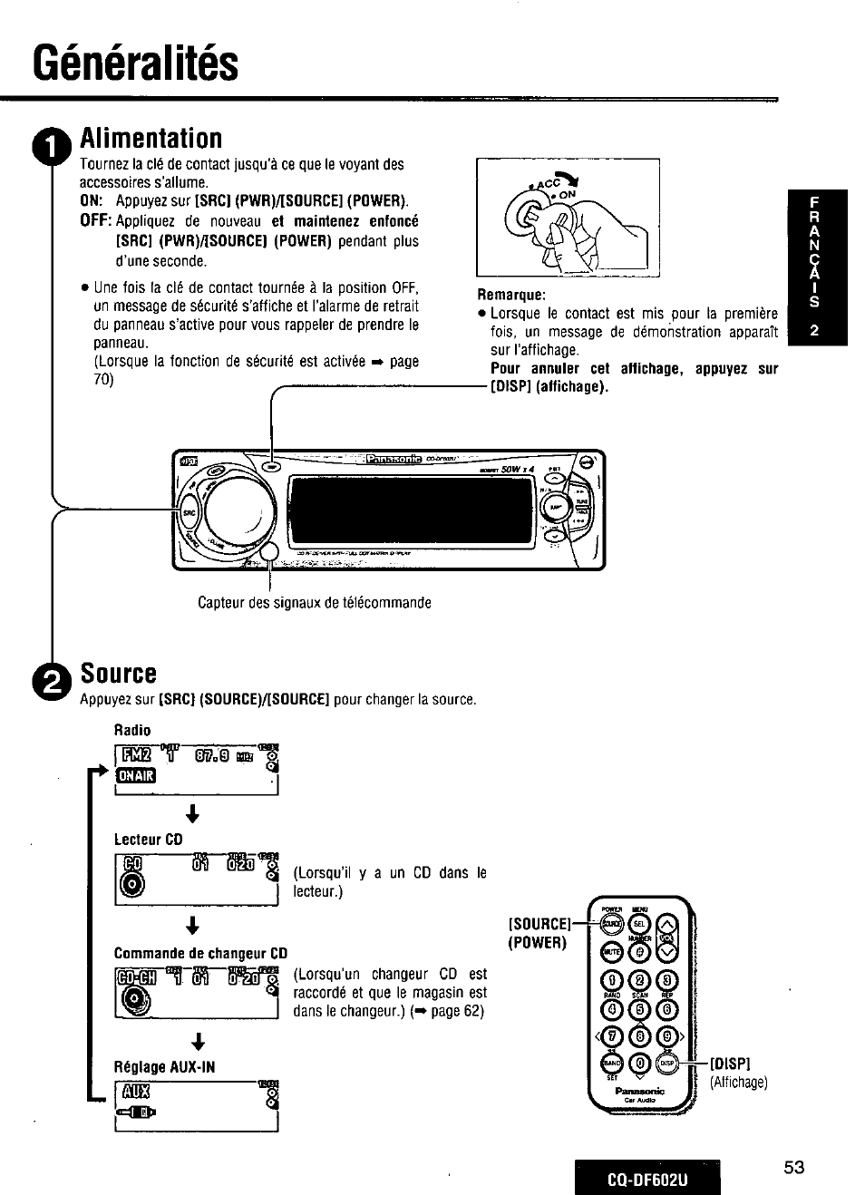 Généralités, Alimentation, Remarque | Commande de changeur cd, Source | Panasonic CQ-DF602U User Manual | Page 53 / 124