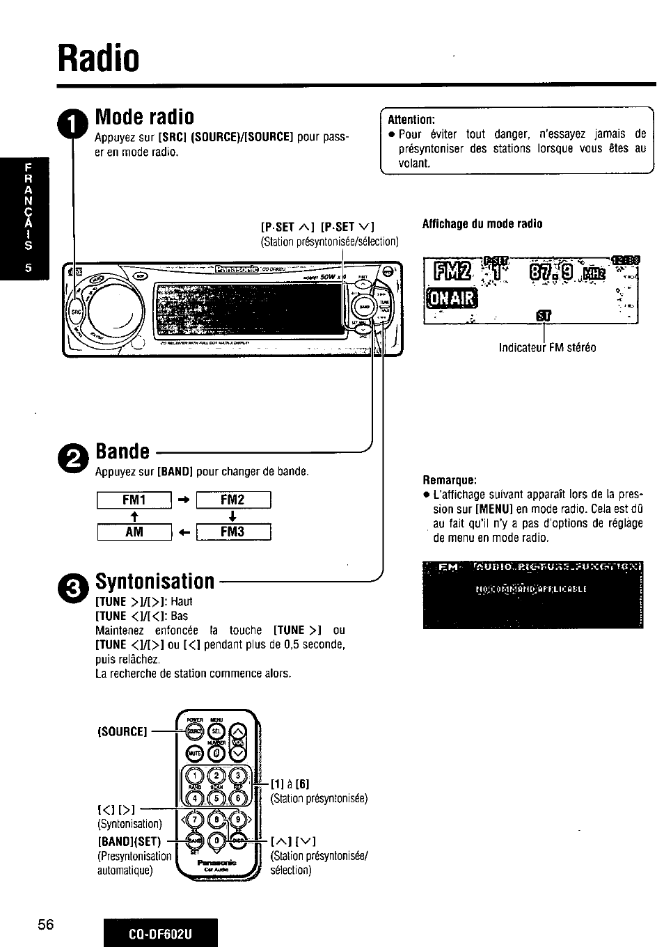 Radio, Mode radio, Syntonisation | Affichage du mode radio, Remarque, Band](set), G radio, Bande | Panasonic CQ-DF602U User Manual | Page 56 / 124