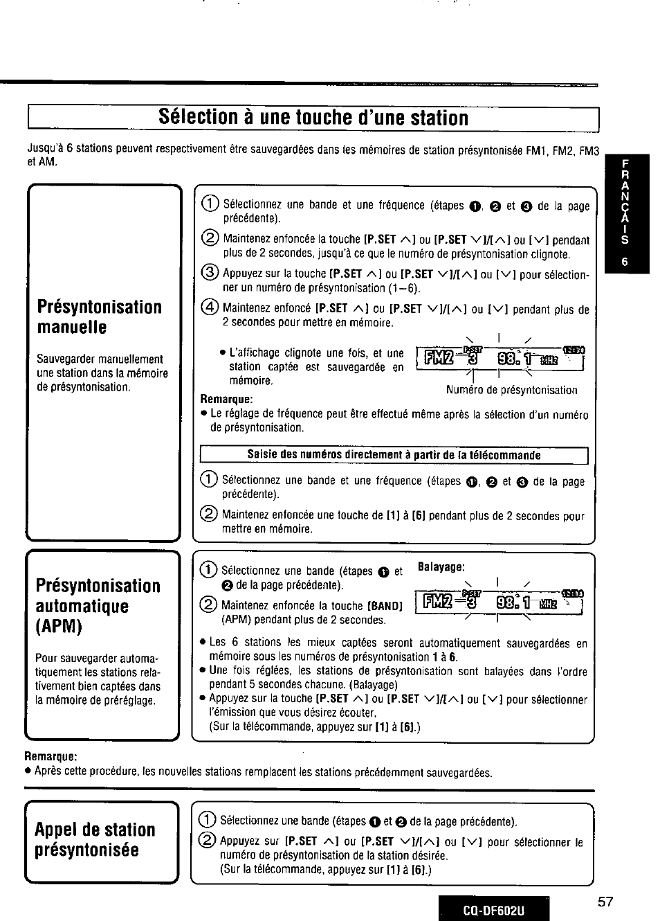 Sélection à une touche d’une station, Présyntonisation, Manuelle | Automatique, Арм), Вшо'оией, Appel de station présyntonisée, Présyntonisation manuelle, Présyntonisation automatique (арм), Appel de station présyntonisée (t) | Panasonic CQ-DF602U User Manual | Page 57 / 124
