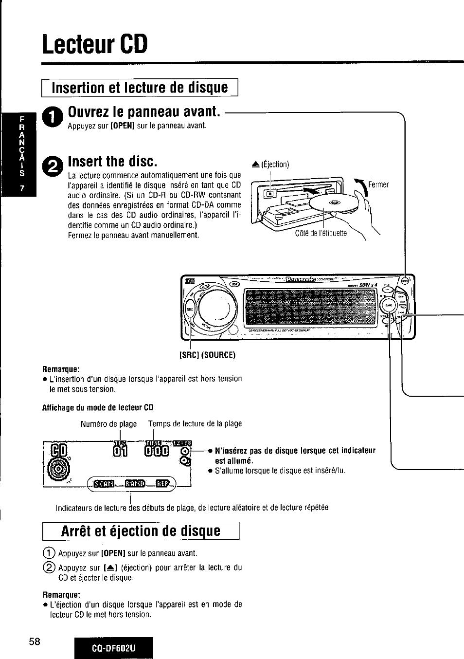 Lecteur cd, Insertion et lecture de disque, Ouvrez le panneau avant | Insert the disc, Arrêt et éjection de disque, Arrêt et éjection de disque (t) | Panasonic CQ-DF602U User Manual | Page 58 / 124